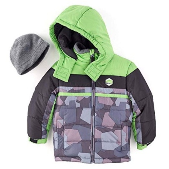 London Fog Other - Boys London Fog Printed Puffer Jacket Winter Coat Hat  Size Large 14/16  NWT